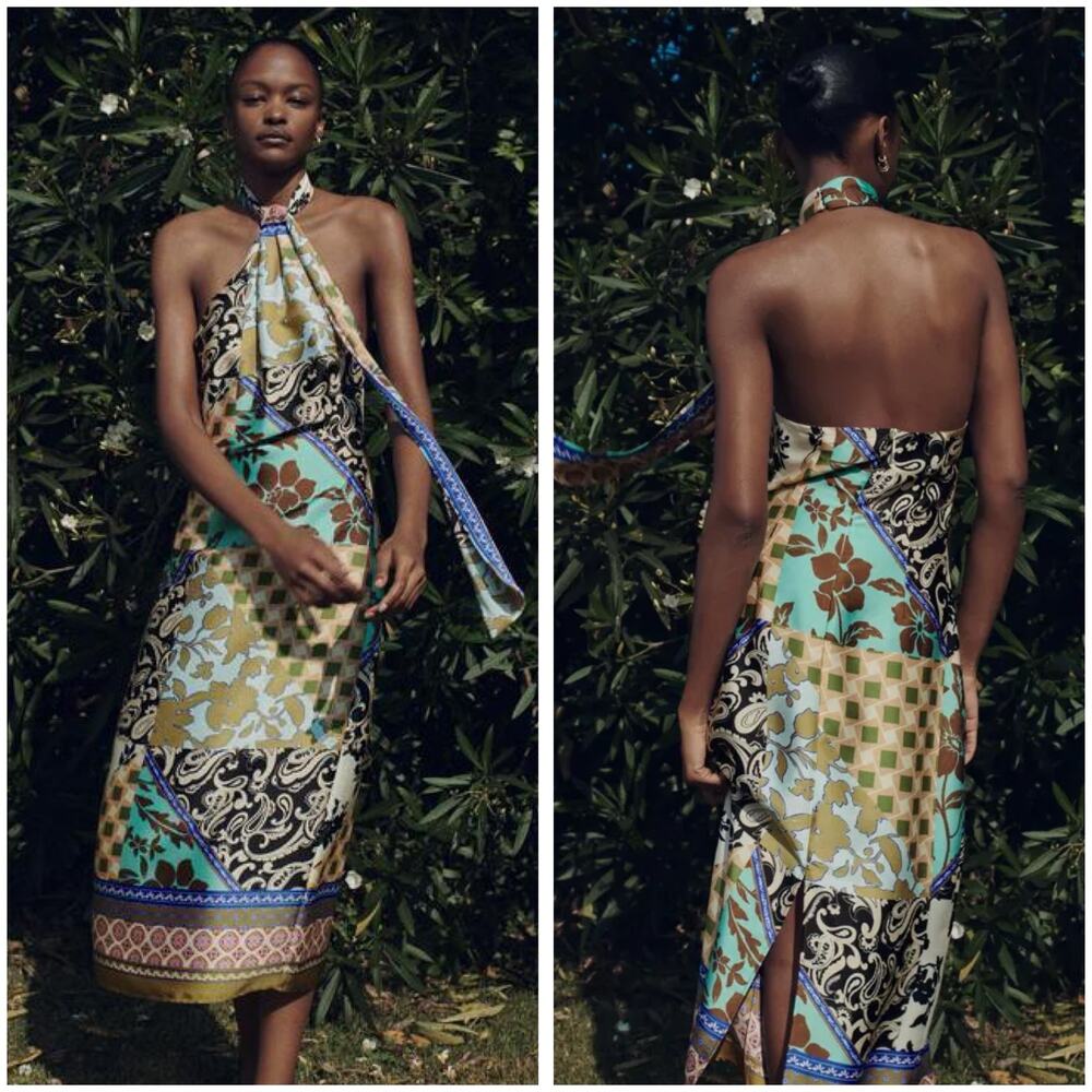 ZARA ZW Collection Print Patchwork Asymmetric Halter Satin Midi Dress Medium